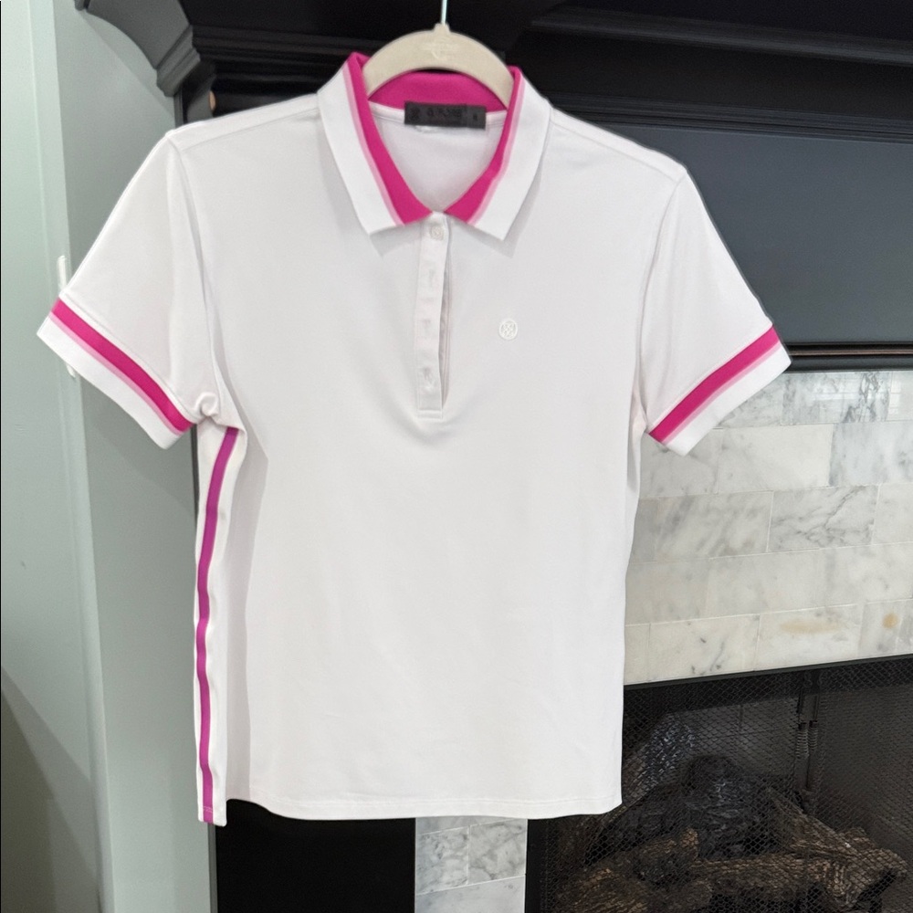 White Polo Shirt with Pink Accents